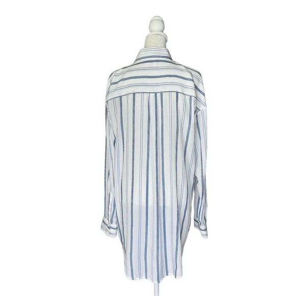 Elizabeth And James Blue Stripe Tie Neck Tunic Button Down Blouse Size Large - Picture 4 of 11